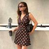 Abbigliamento da donna europeo e americano per le vacanze slim fit sexy scollo a V profondo pois vita alta fiocco vestito gonna corta