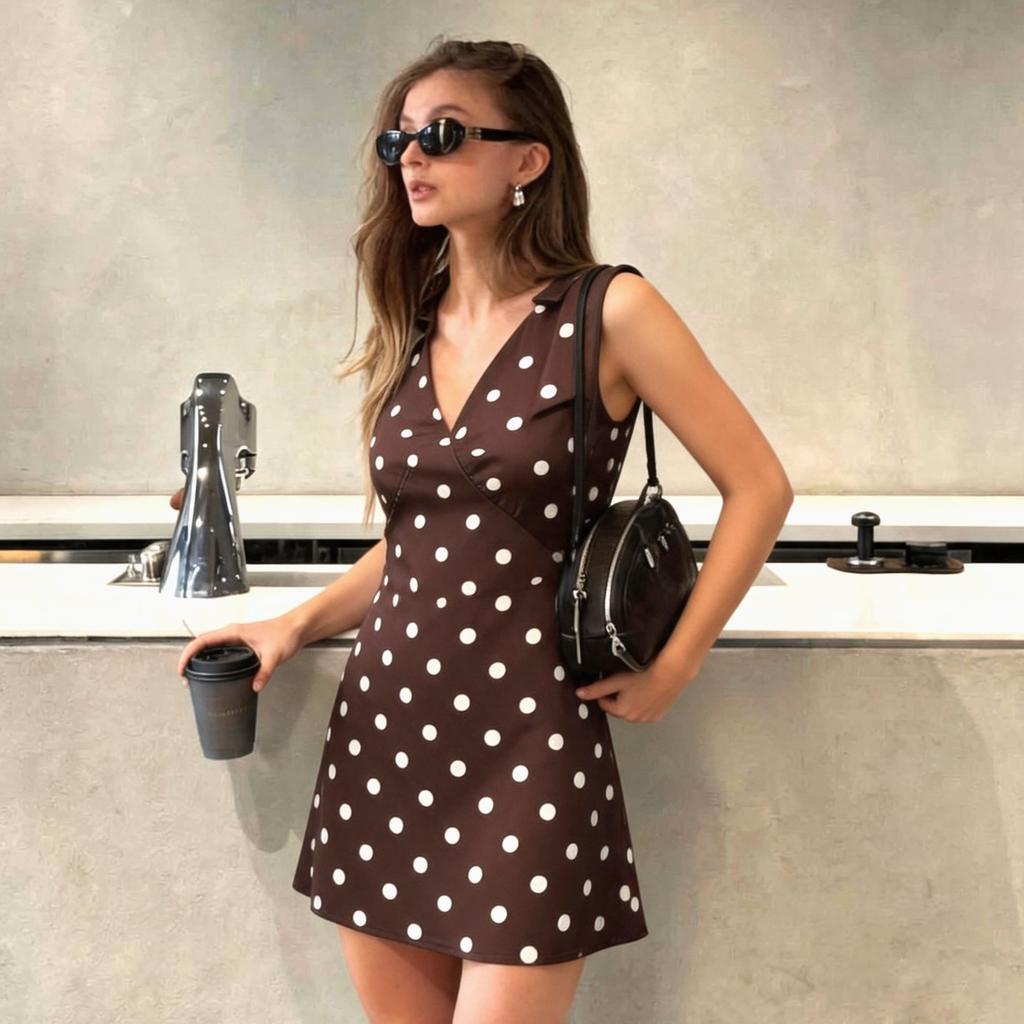 Abbigliamento da donna europeo e americano per le vacanze slim fit sexy scollo a V profondo pois vita alta fiocco vestito gonna corta