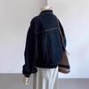 Women's Dark Blue Denim Jacket with Lapel Collar and Button Front