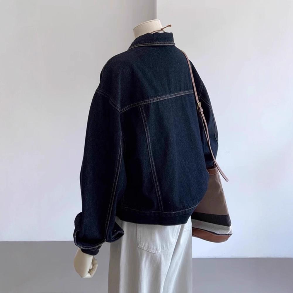 Women's Dark Blue Denim Jacket with Lapel Collar and Button Front