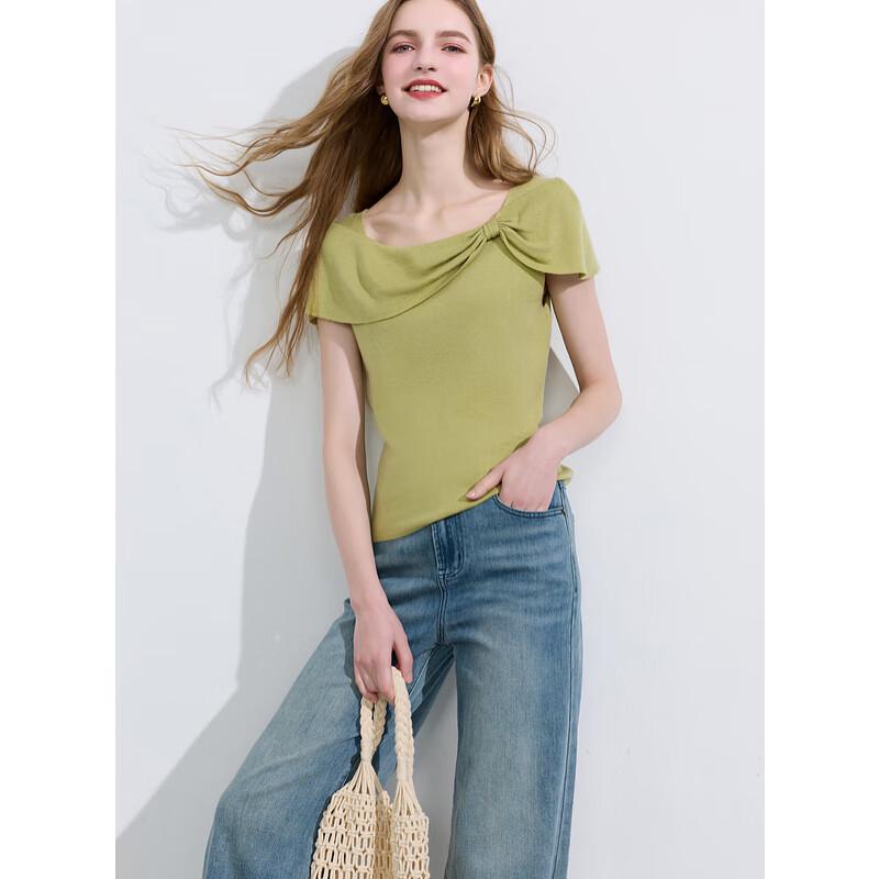 

Sancai 2025 Летний топ с бантом, открытыми плечами, прилегающего силуэта, из трикотажа M