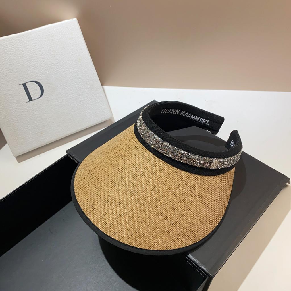 Summer Vinyl Straw Double-layer Sunscreen Empty Top Hat Fashionable and Simple Rhinestone Fine Flash Trendy Sunshade Topless Cap