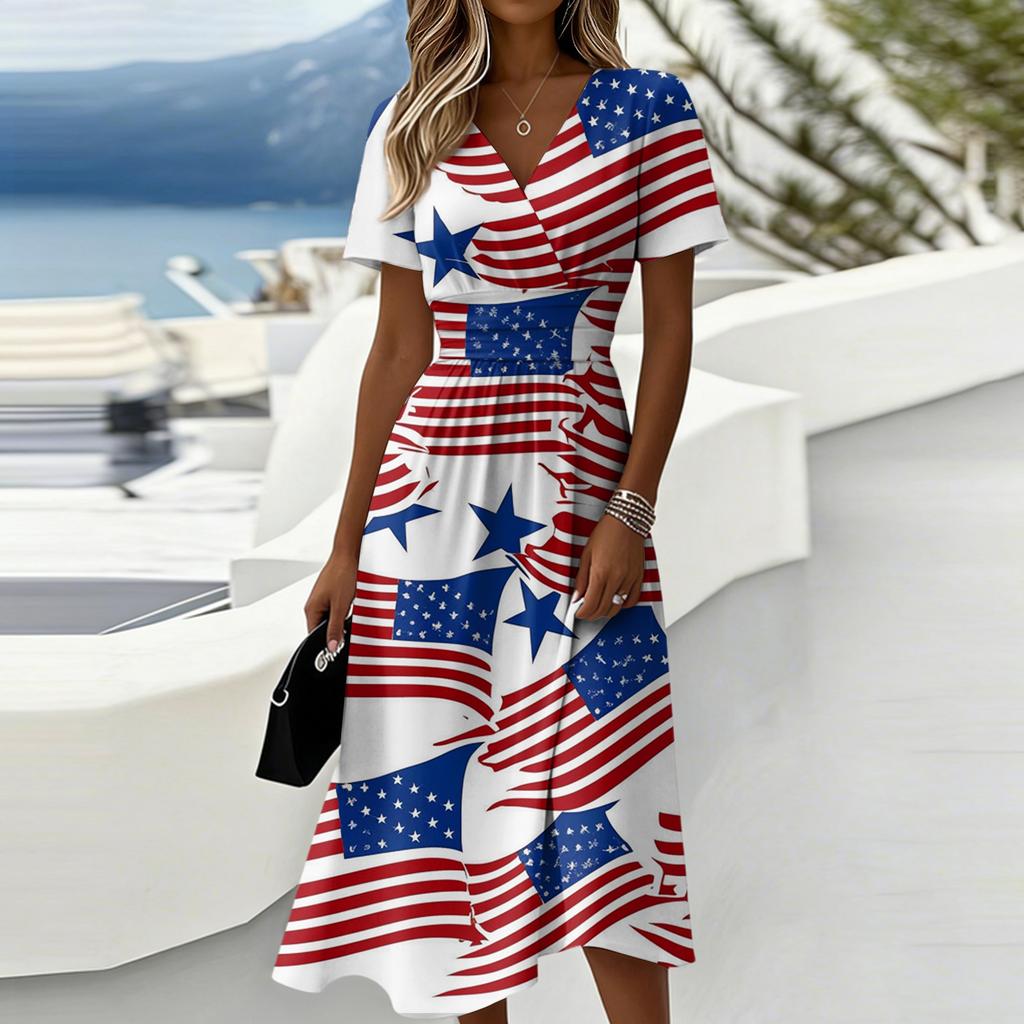Women's Fashionable V Neck Short Sleeved Independent Day Print Casual Dress
