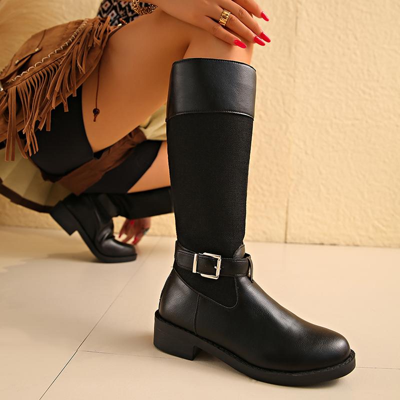 Flowers Print Knee High Boots Women Plus Size 35-43 Thick Heels Long Boots Woman Back Zipper Decor Bohemian Knight Botas Mujer