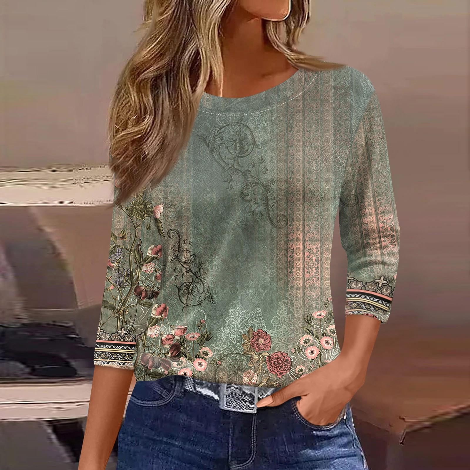 

Женские топы с рукавами 3/4, цветочный принт, винтажная мода, повседневные свободные рубашки с круглым вырезом больших размеров M
