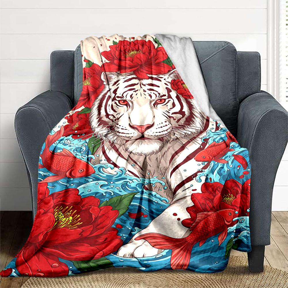 1pc Tiger Red Flowers Soft & Warm Polyester Knit Blanket, Digital Printed, All-Season Throw for Napping, Traveling, Sofa Yy250906001
