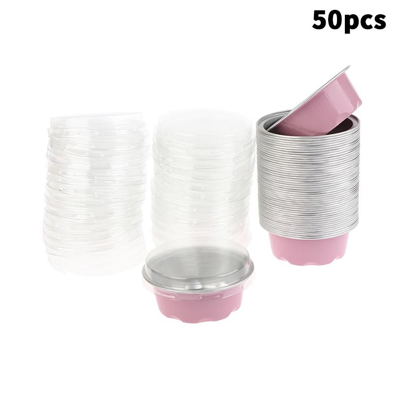 

50Pcs Round Baking Cups Aluminum Foil Wih Lids Reusable Cupcake Cups Desserts Flans Cake Pudding Jello Cups Kitchen Tools 50Pcs рожевий