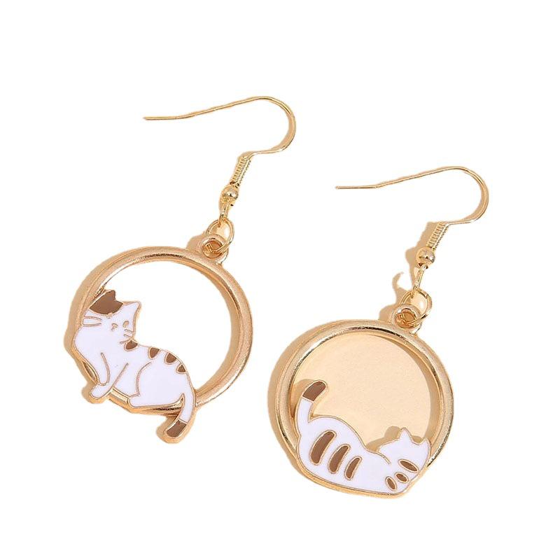 Korean Style Crescent Moon Cat Star Earrings - Cute Slimming Face Ear Hooks, Girlish Cartoon Design