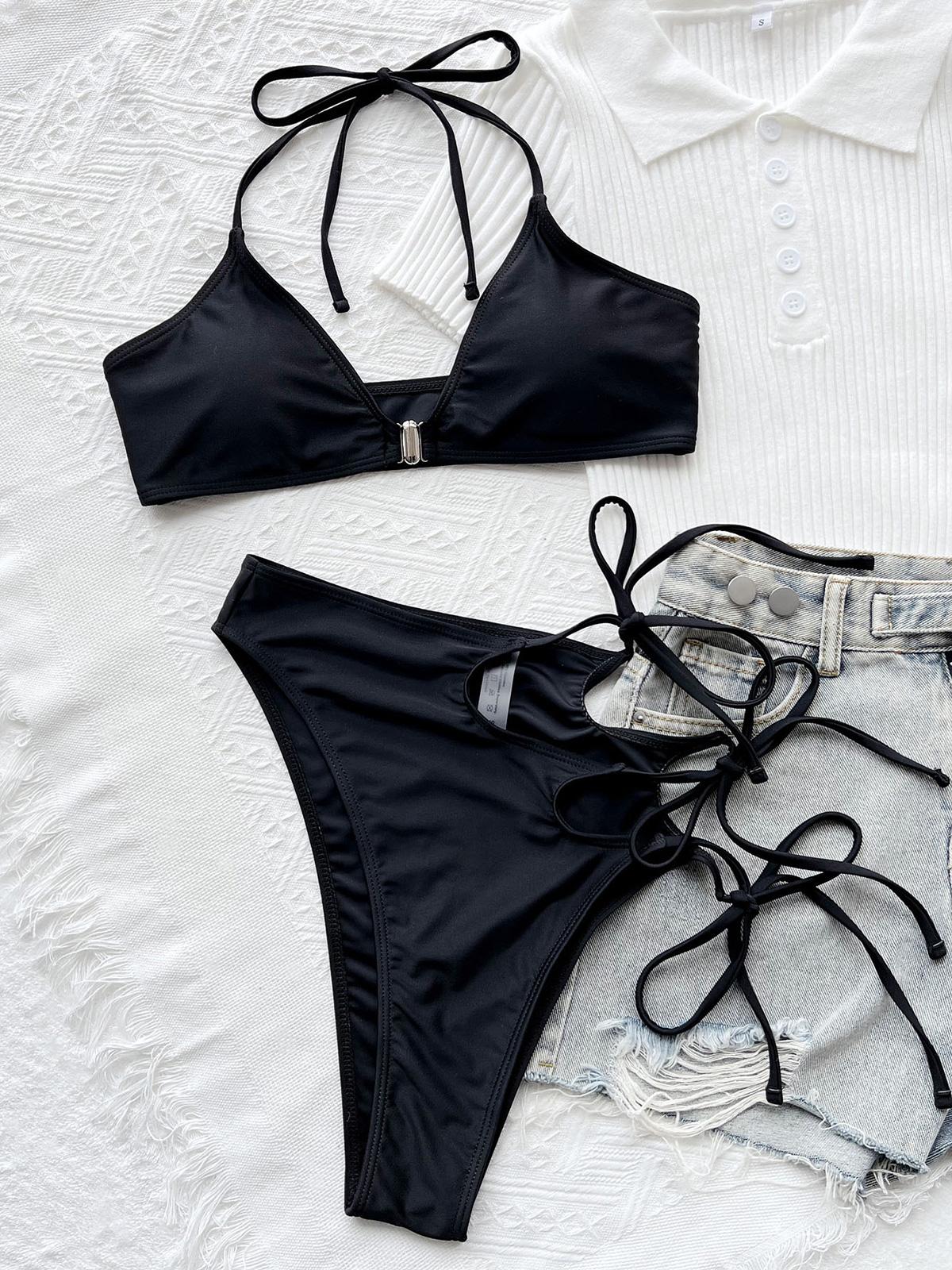 

Асимметричный вырез на бретельках с высокой талией, женский купальник, женский купальник, комплект бикини из двух частей, купальный костюм для плавания L чёрный