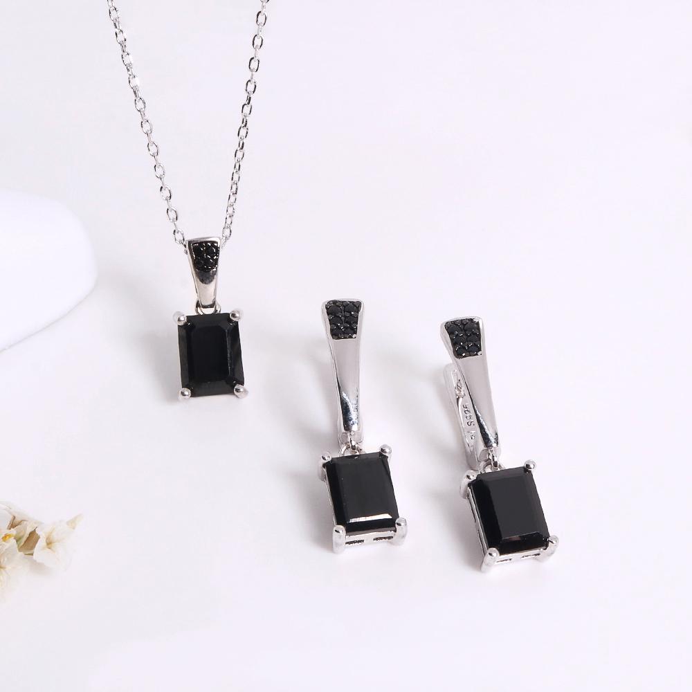 Gorgeous Noble Perseverance Natural Black Spinel Precious Gems Ring Earrings Necklace Jewelry Set S925 Silver Birthday Gift