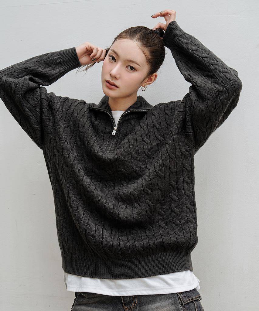 LEMAIN SECOND Oversized Voluminous Washable Half-Zip Cable Knit_6 Colors