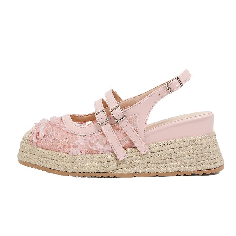 Fashion 2025 Summer Closed Toe Sandals Women's New Lace Mesh Hollow Breathable Platform Shoes Straw Fisherman Shoes with Skirt