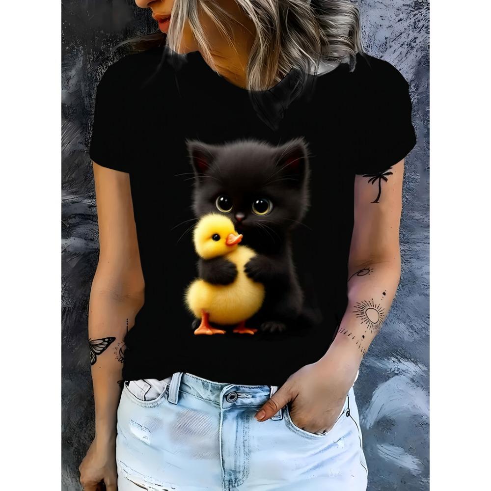 

Women s 3D Print T-Shirt - Comfy Short Sleeve Crew Neck, Medium Stretch Casual Top for Spring Breathable Tee, Printed Shirt, Trendy Wear XL