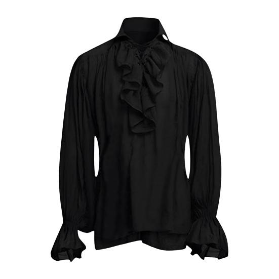 Men Shirt Medieval Ruffle Long Sleeves Color Lace-up Sleeves Strap Puff Solid Pleated Loose Lapel Vintage Halloween Party Cosplay