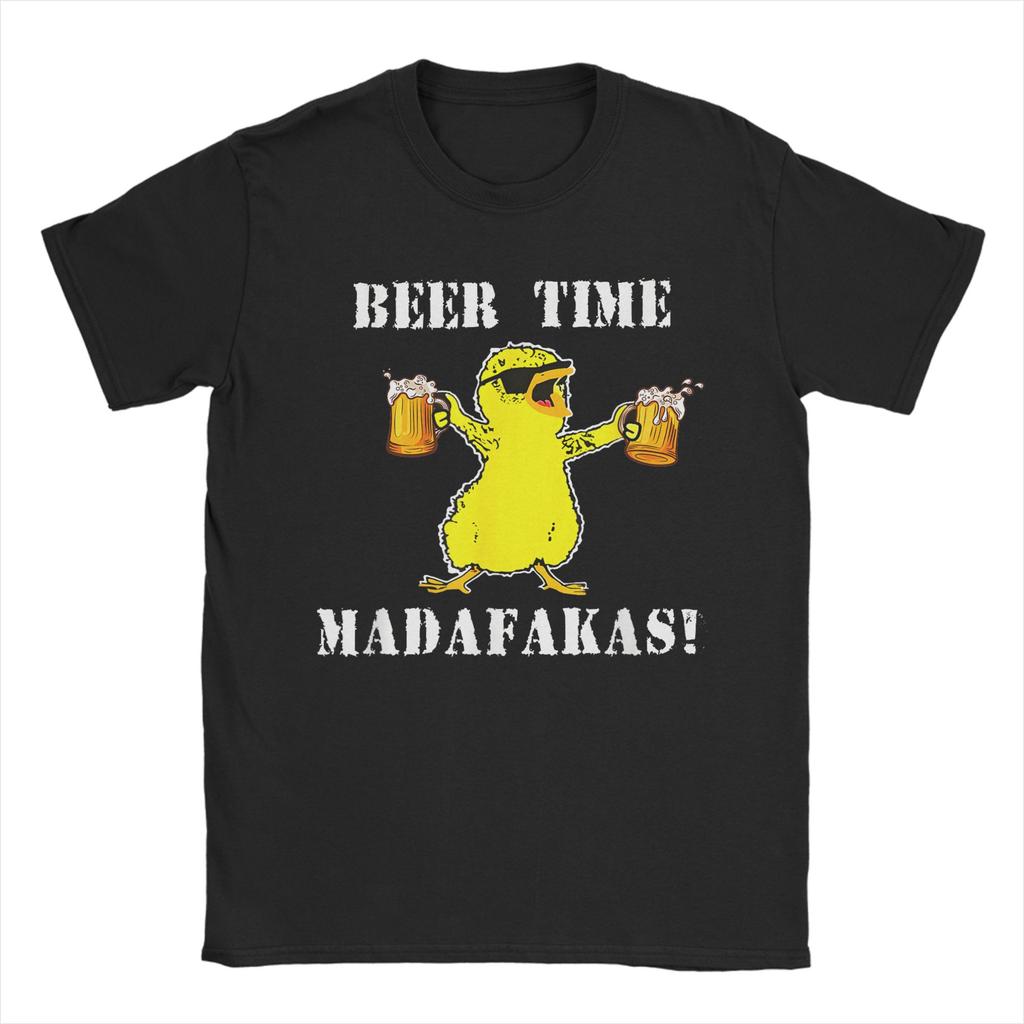 Funny Chicken Beer Time Madafakas Mens T Shirt  Amazing Tee Shirt Short Sleeve Crewneck TShirts Cotton Original Clothing