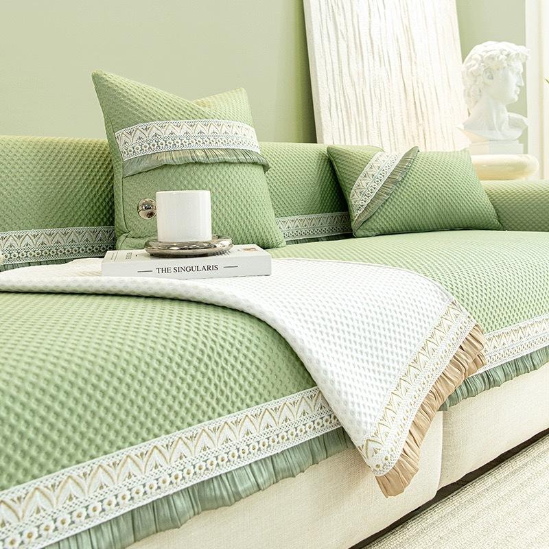 Summer Anti Slip Lace Couch Cushion Cool Sofa Cover for Living Room Summer Breathable Ice Silk Cool Feeling Solid Color Sofa Mat