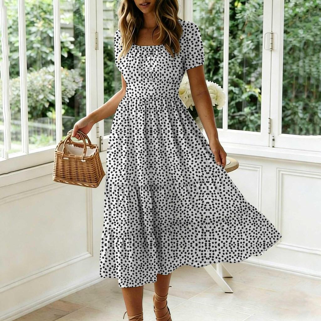 Spot New Trendy Floral Puff Sleeve Square Neck Long Dress