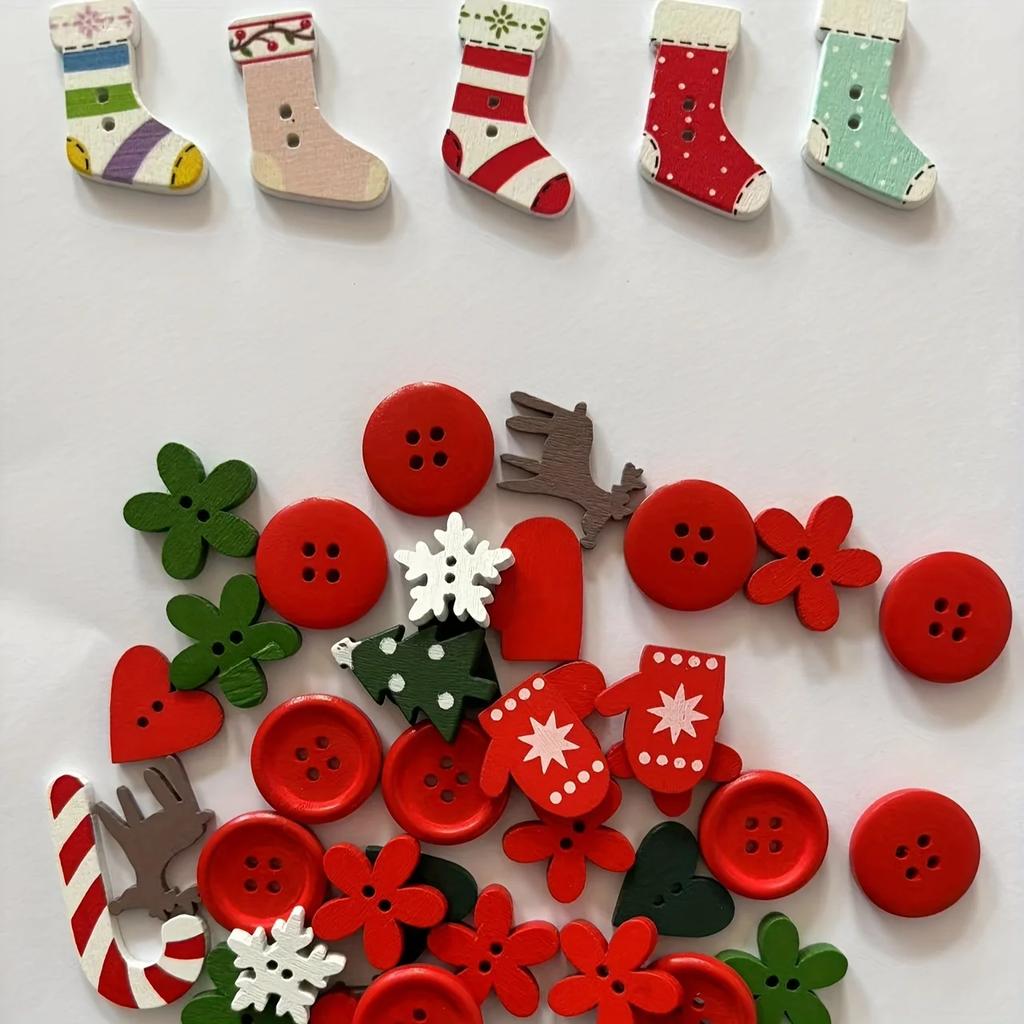 Christmas Handmade Buttons, Wooden Holiday Shapes, Suitable For Projects, Hand Accounts Decorations, Sewing Fasteners Supplies