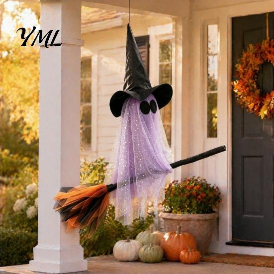 Classic Witch Flying Broom Decor Halloween Ghost Hanging Ornament, Spooky Hat Theme Room Layout Pendants for Indoor Outdoor Haunted House Party