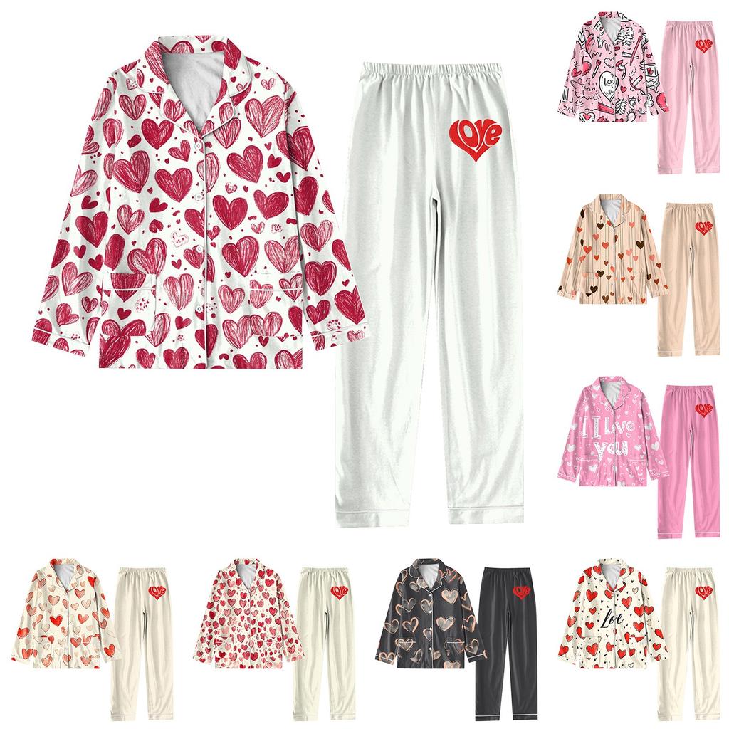 2-teiliger bedruckter Damen-Anzug, langärmelig, Oberteil mit Knopfleiste, weite Hosen, Anzug-Set, Schlafanzug, Home-Casual-Anzug