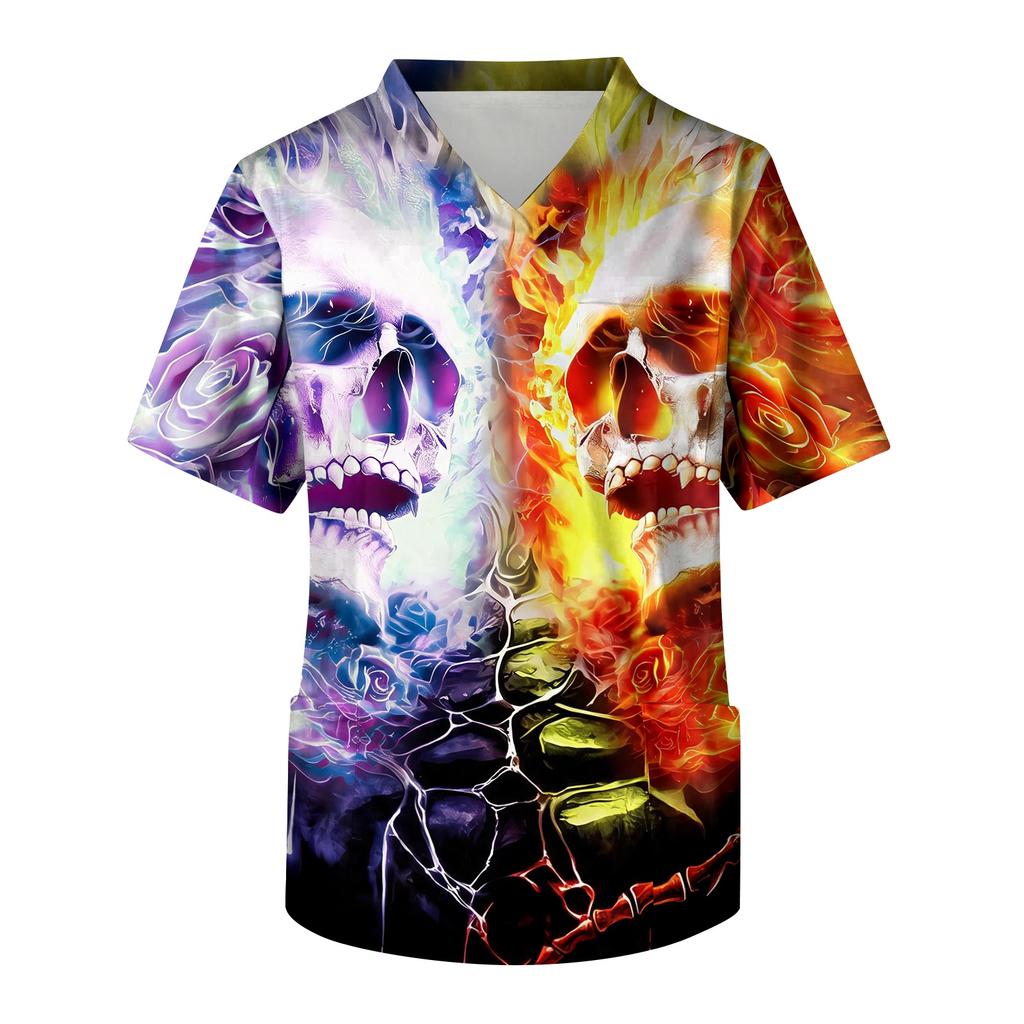 Men's V-Neck Short Sleeve Scrub Top with Print and Chest Pocket for Halloween