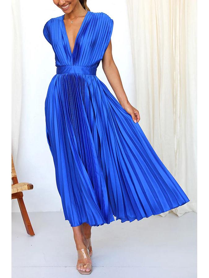 

Женское плиссированное атласное платье-миди с V-образным вырезом - Без рукавов, С акцентом на талию, Широкий подол для вечернего выхода или свидания. Large синий