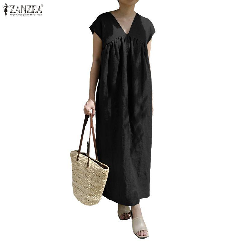 ZANZEA Women Casual V-Neck Summer Short Sleeve Long Dress