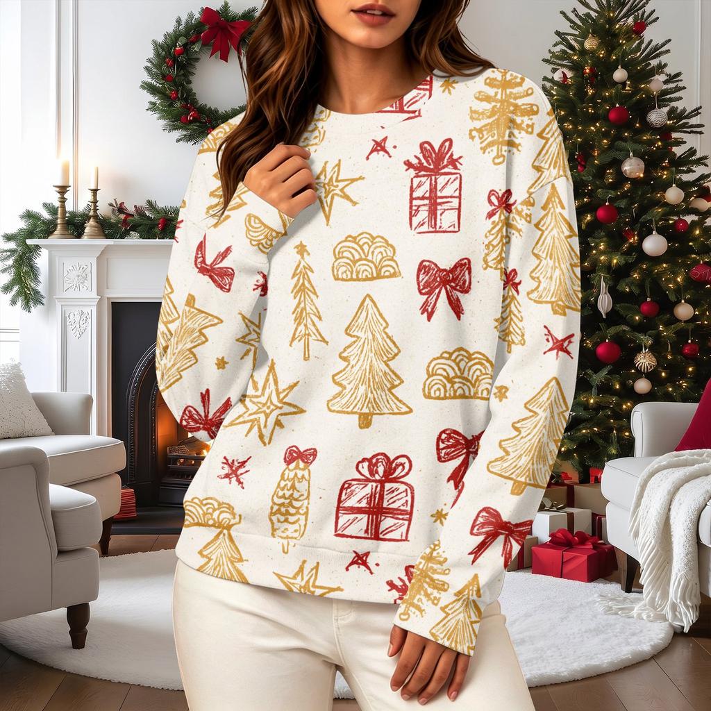 Women's Casual Long Sleeve Christmas Print Neck Sweatshirt