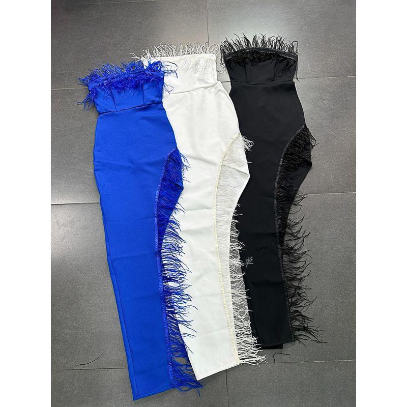 Export Single Catwalk Fashionable Cocktail Party Bandage High Slit Tube Top Feather Edge High Waist Sexy Slim Hip Dress