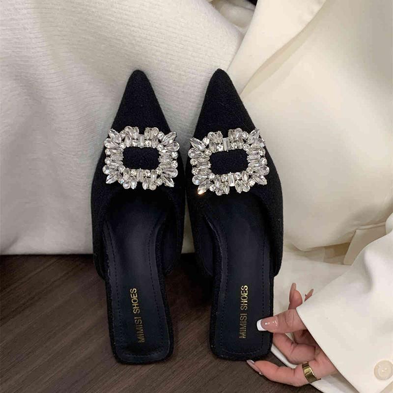 

Острый носок женские мюли тапочки обувь мода кристалл украшения слайды дизайн стиль низкий каблук банкетные сандалии обувь 39 чёрный