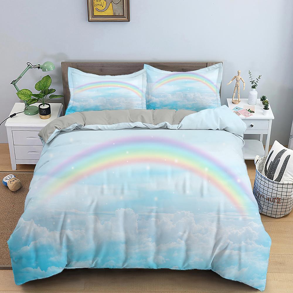 Rainbow Duvet Cover Set Colourful Cloud Rainbow Pattern 3D Polyester Comforter Cover King Full Size For Women Girl Bedding Set