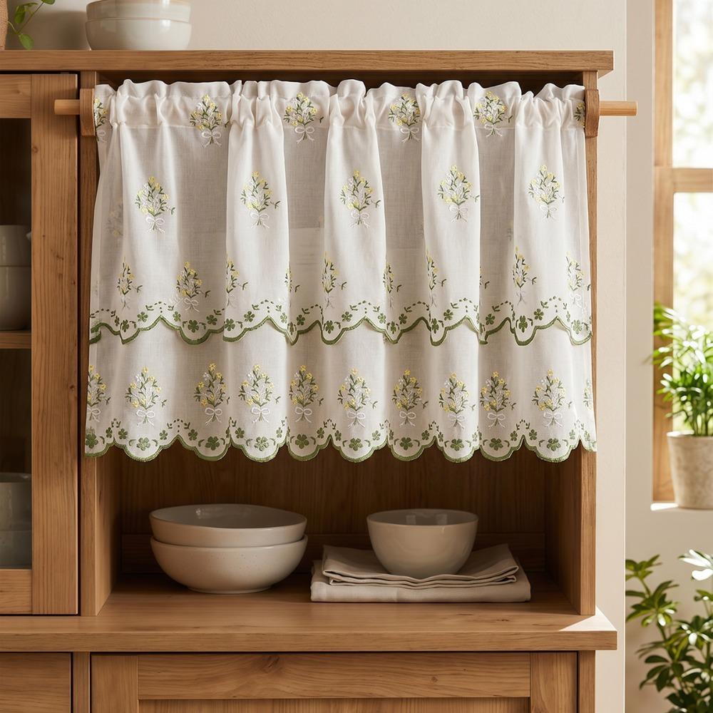 French Vintage Embroidered Short Curtain Dust-Proof Platycodon Flower Semi-Blackout Curtain Double Layer Window Drapes