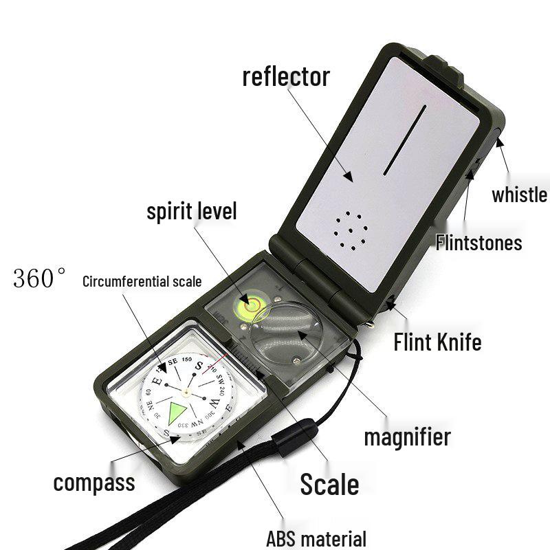 T10 Multifunction Outdoor Compass: Thermometer, Hygrometer, Whistle, LED Flashlight, Magnifying Glass