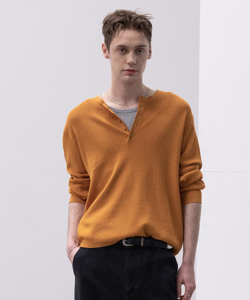 Dekkoloso Light Henley Neck Knit T-Shirt [Deep Mustard]
