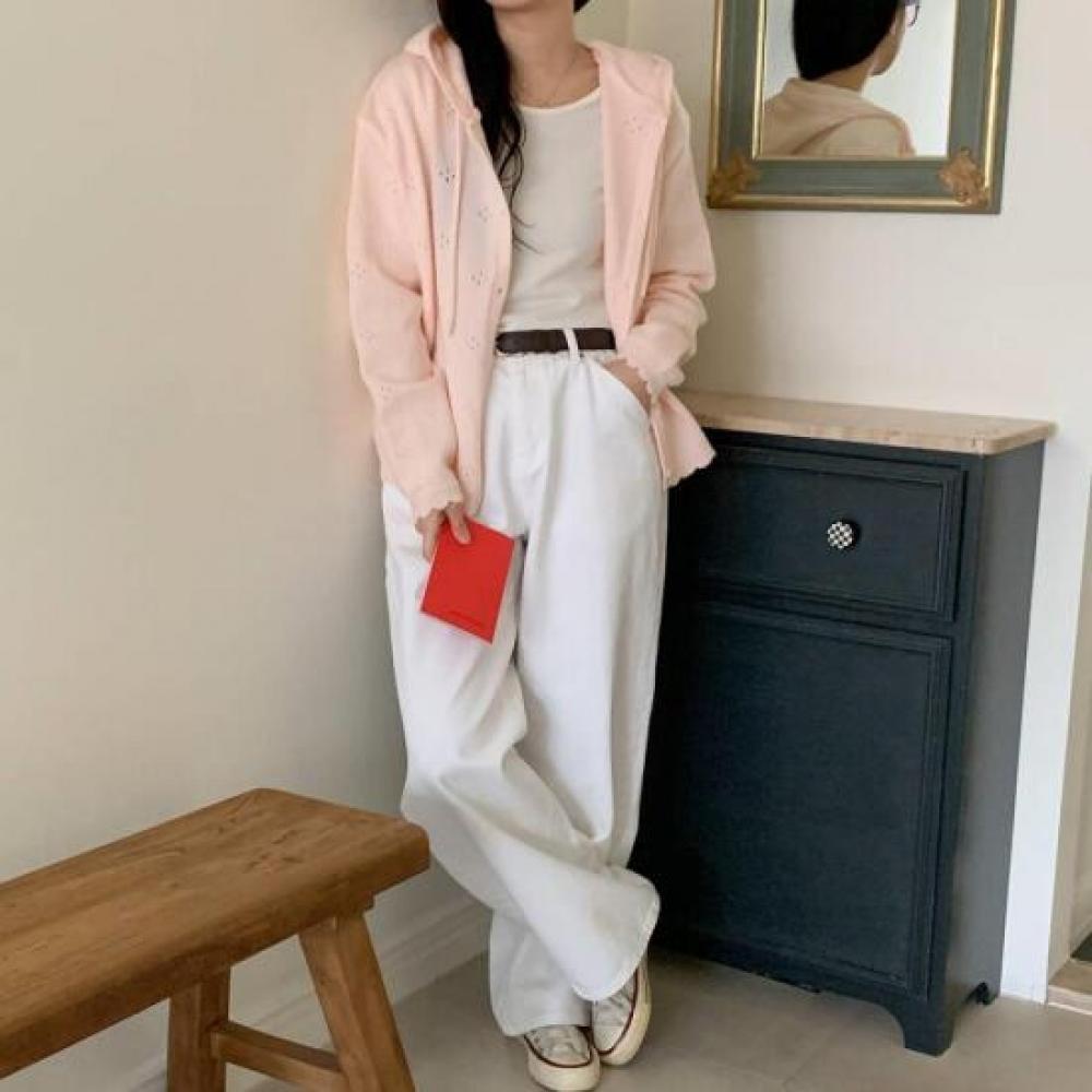 New Arrivals Open Run Scallop Punching Knit Spring Outer Cute Hoodie Cardigan