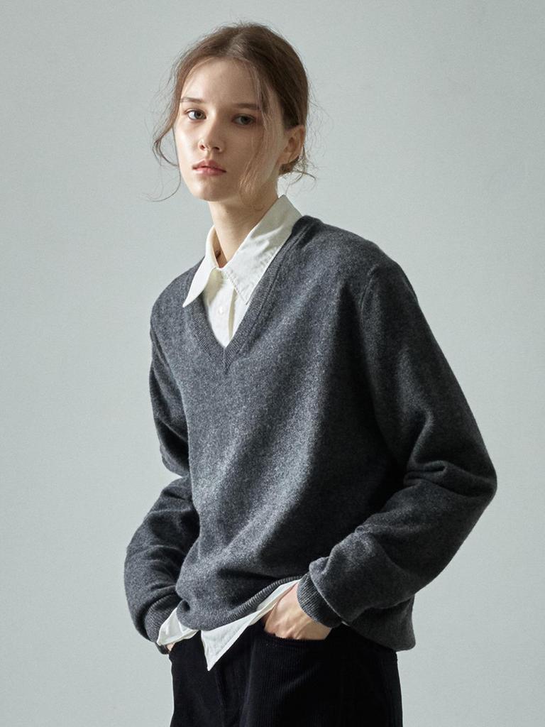 In-Stock: Women's V-Neck Wool Sweater - Fall/Winter Design, Simple Loose Fit, Slimming Knit Top