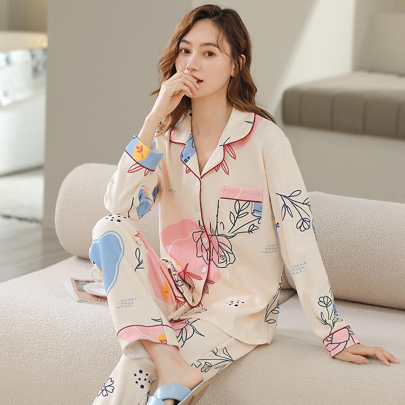 100% pure cotton pajamas women's long-sleeved printing set casual loose spring and autumn thin air-conditioned clothing loungewear can be worn outside
