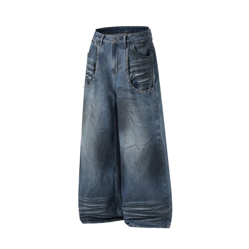 Mens Straight Leg Jeans High Street Punk Distressed Denim Pants With Rivets Pockets Casual