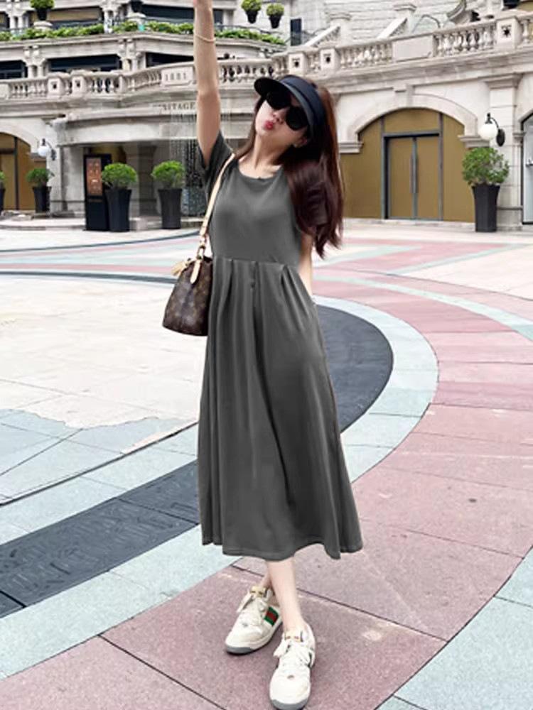 French small short-sleeved t-shirt dress women's new summer women's clothing Hepburn style waist and thin dress