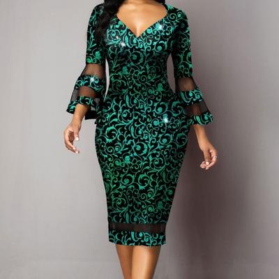 V-neck Net Yarn Stitching Midi Dress Waist Tight Fashionable Print 45720 Flare