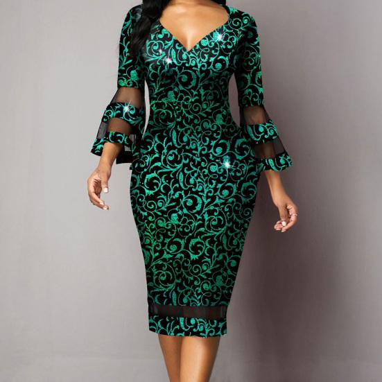 Buy Vneck Net Yarn Stitching Midi Dress Waist Tight Fashionable Print