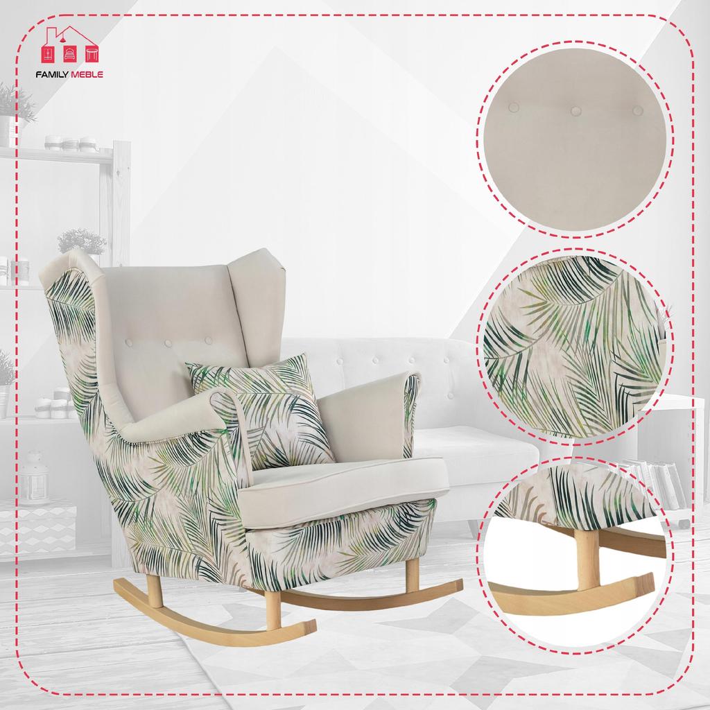 Fotel uszak Ari Print Duo bujany skandynawski Family Meble beż liście