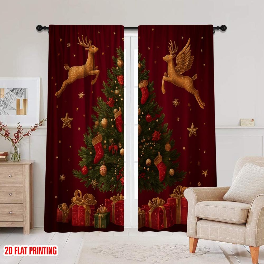 2 szt., druk płaski 2D Zasłony Rolety Renifer_ Drzewo_ Prezenty Trwała tkanina 100% poliestrowa (bez pręta) Prezenty dla