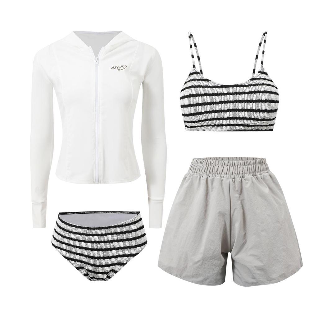 Women's 4-Piece Long Sleeve Hooded Swimsuit - Slimming, Sun-Protective, and Conservative for Beach & Hot Springs
