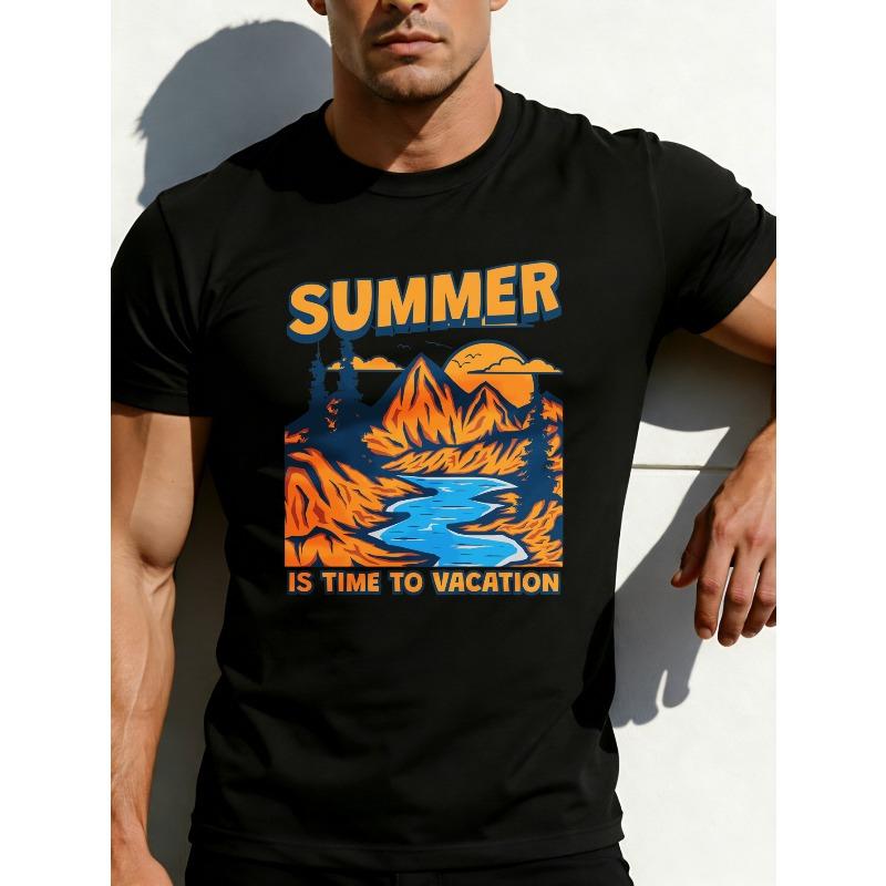

European sizes Men s Retro Mountain River T-Shirt - Breathable Soft Lightweight Short Sleeve Top with Vintage Chinese Landscape, Round Neck Casual 4XL чорний