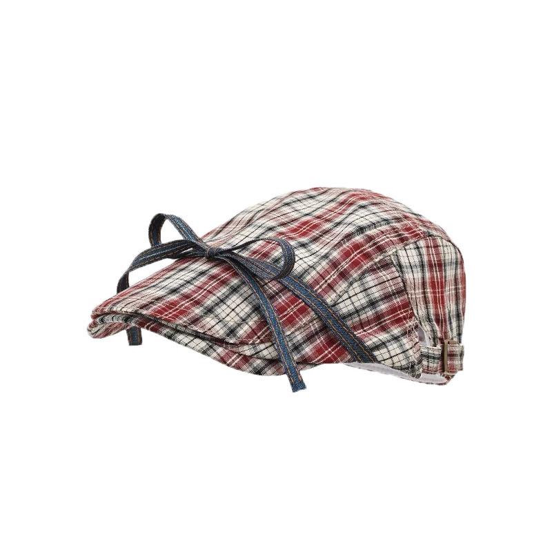 Bow Tie, Plaid, Forward Hat, Female, Sweet, Thin, Reverse Beret, Duckbill Hat