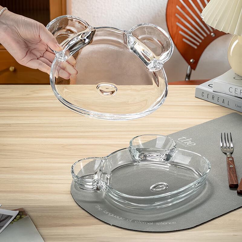 Cartoon Glass Divided Dumpling Plate with Dipping Dish