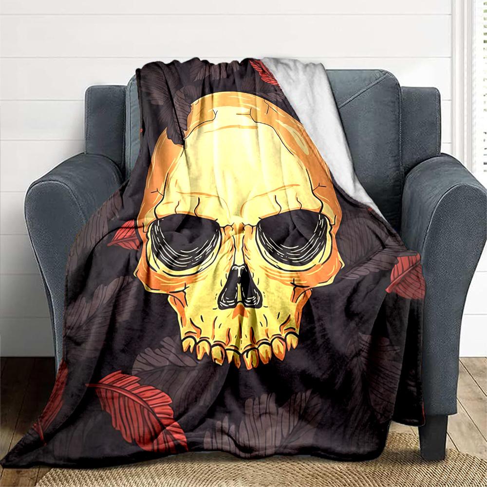 1PC Skull, Leaves Print Blanket, Soft Throw Blanket - Warm & Cozy for Couch, Bed, Office, and Travel Yy250912209