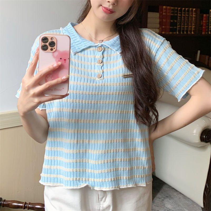 Summer Shoulder T-shirt Women's Polo Collar Knitted Sweet Short Sleeved Design Top
