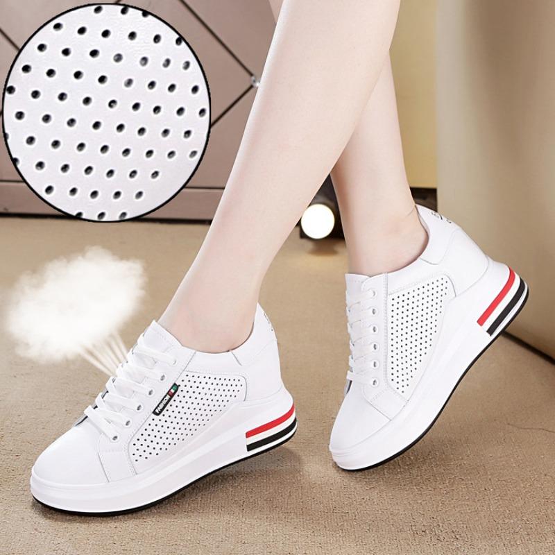 Frühling, Sommer und Herbst Damenschuhe neue dicke Sohle Keilabsatz Innenabsatz Absatz Einzelne Schuhe kleine weiße Schuhe Damen Low-Top Freizeit-Sportschuhe